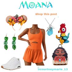 a woman wearing an orange dress and matching shoes is standing in front of a sign that says moan shop this post