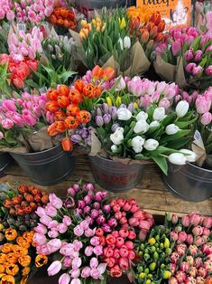 many different colored tulips are on display in buckets at the flower market