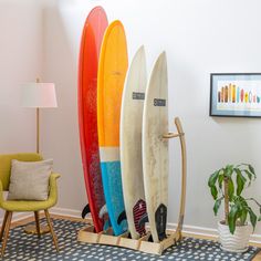 Freestanding Wooden Surfboard Rack for multiple boards Surfboard Display, Surf Home, Surfboard Stand, Surfboard Storage, Surf Rack, Surfboard Rack, Overhead Garage Storage, Wooden Surfboard, Craft Cabinet