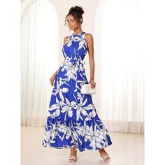 Season:Summer; Fabric:Chiffon,Polyester; Sleeve Length:Sleeveless; Gender:Women's; Style:Casual,Elegant,Hawaiian; Occasion:Date,Wedding,Party; Fit Type:Regular Fit; Dresses Type:Swing Dress,Elegant Dress,Sundress,Chiffon Dress; Pattern:Floral; Design:Pleated,Flowy; Neckline:Halter Neck; Front page:FF; Listing Date:05/17/2024; Dress Length Type:Midi Dress; Print Type:Print