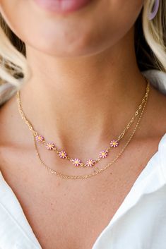 Cute and colorful meets upscale vibes in the Bridget Gold Flower Charm Layered Necklace! This trendy necklace features two layers of gold chains with flower charms. Style the Bridget Necklace with any outfit to instantly add a chic touch to your look! Available in 3 colors. Gold Plated Layered Flower Charms Lobster Clasp with Extender Layer 1 | Length 7.5" Layer 2 | Length 7" Extender | Length 3" Trendy Flower Charm Necklace For Spring, Pink Flower Pendant Necklace For Spring, Trendy Summer Flower Charm Necklace, Trendy Flower Necklace For Spring, Cute Pink Necklaces For Spring, Cute Pink Necklace For Spring, Trendy Flower Necklace With Flower Charm Pendant, Trendy Flower Pendant Necklace With Charm, Trendy Flower Necklace With Flower Pendant