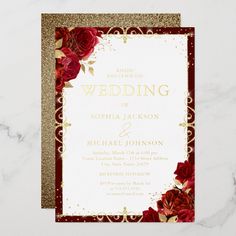 wedding card with red roses and gold foil