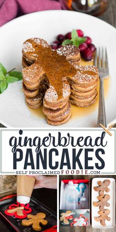 gingerbread pancakes with powdered sugar on top