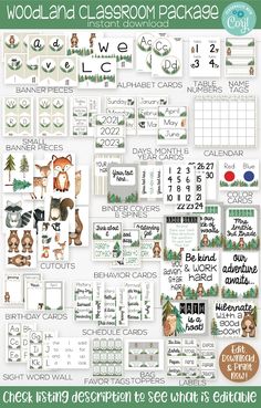 woodland classroom package with animals and trees for the back to school year, includes stickers,