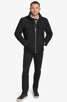 A stand collar punctuates this streamlined, pocketed jacket with an extra element of timeless sophistication. Front zip closure Stand collar Chest flap patch pockets; front zip pockets Lined 55% wool, 36% polyester, 4% acrylic, 3% nylon, 2% viscose Dry clean Imported Wool Blend Jacket, Pocket Jacket, A Stand, Nordstrom Store, Black Fits, Stand Collar, Nordstrom Rack, Wool Blend, Zip Pockets