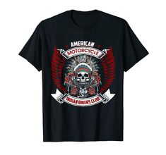 an american motorcycle club t - shirt with skulls and roses on the front, in black