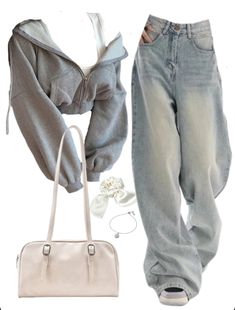 OOTD: Zip Up Cropped Hoodie + Boyfriend Jeans + Shoulder Bag Cute Fits With Jeans For School, Grey Cropped Zip Up Hoodie Outfit, Off The Shoulder Jacket Outfit, Outfit Ideas Not Basic, Cute Outfits For 10-12, How To Style A Zip Up Hoodie, Hoodies Styling, Cute Clothes Outfits, Dress Up Outfits For School