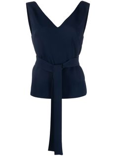 navy blue V-neck V-back sleeveless belted waist Chic V-neck Belted Top, Chic Sleeveless Top With Tie Waist, Elegant Sleeveless Tops With Tie Waist, Elegant Navy Sleeveless Top, Chic Belted V-neck Top, Navy Sleeveless Top For Work, Chic V-neck Top With Tie Waist, Chic Summer Belted Tops, Chic Blue Tops With Tie Waist