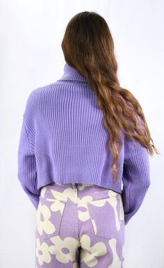 Such a happy feeling for just the right fit. This cropped turtleneck sweater fits loose and comfortable with slimmer sleeves for that trendy style you love. A perfect pairing for high-waisted bottoms. Color- Light Purple 80% Acrylic 20% Nylon Cropped Turtleneck Sweater, Happy Feeling, Cropped Turtleneck, Sweater Fits, Red Green Yellow, Happy Days, Black Party, Trendy Style, Romper Pants