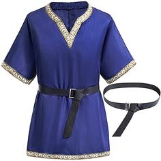 a women's blue dress with gold trimmings on the waist and belt