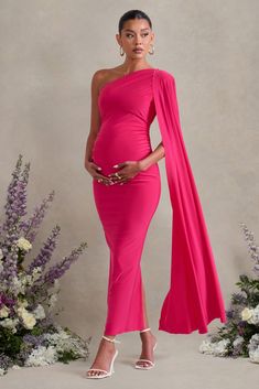 Maternity Clothing Pregnancy Outfits & Styles – Club L London - USA African Print Maternity Dresses, Pink Bodycon Dress, Maternity Photography Poses Pregnancy Pics, Pink Bodycon, Dress With Cape, One Shoulder Maxi Dress, Maternity Wardrobe, Baby Shower Outfit, Maternity Photography Poses