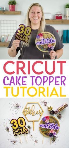 a woman holding two cake toppers with the words cricut cake topper