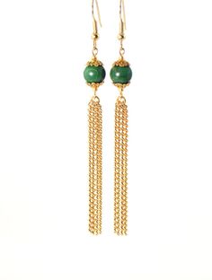 Green Verdite Stone, Gold Plated, Long Dangle Tassel Chain Earrings (Clip On Optional) by #KMagnifiqueDesigns Jewelry Closet, Jewelry Making Earrings, Earrings Clip, Garnet Stone, Head Pins, Stone Gold, Hypoallergenic Earrings, Classy Chic, Chain Earrings