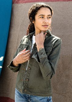 Women's Artcher Olive Jacket: Tailored from 100% Cotton Canvas with flat felled seams. A true fit for artists and doers. Rugged Utility Jacket With Double-needle Stitching, Rugged Utility Jacket With Double-needle Stitching For Outdoor, Rugged Utility Jacket With Flap Pockets For Work, Outdoor Utility Jacket With Double-needle Sleeve, Fall Utility Jacket With Double-needle Stitching, Vintage Utility Jacket With Flap Pockets For Everyday, Everyday Vintage Utility Jacket With Flap Pockets, Khaki Military Style Utility Jacket For Everyday, Felled Seam