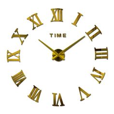 a gold clock with roman numerals and the word time on it's face