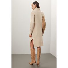 Brown knit (100% Wool). Sweater shift. Long sleeves. Turtleneck. Pull on. 40" from shoulder to hemline. Imported. Beige Dress For Fall Layering, Beige Dress For Layering In Fall, Chic Knit Sweater Dress For Daywear, Long Fall Sweater Dress For Daywear, Beige Sweater Dress For Daywear In Fall, Long Sweater Dress For Fall Daywear, Beige Knit Sweater Dress For Work, Chic Beige Sweater Dress For Fall, Chic Knee-length Knit Sweater