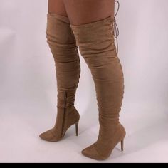 Brand New In Box Taupe Over The Knee Thigh High Boots Pointy Toe Silhouette Soft Faux Suede Back Open Lace Up With Gold Color-Tone Studded Detailing Padded Insole Side Partial Zipper Heel Height 4.5" Toe Opening Circumference 15" Shaft Length With Heel 27" Size 10 Doc Martins Boots, Lace Combat Boots, Womens Harley Davidson Boots, Lace High Heels, Lace Up Heel Boots, Lace Booties, Black High Heel Boots, Gogo Boots, Zipper Heels