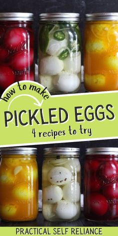 jars filled with pickled eggs sitting on top of a shelf next to each other