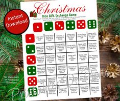 the christmas dice game is shown with pine cones