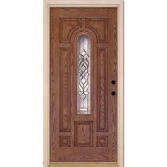 a wooden door with glass on the side