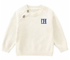 "This adorable sweater is the perfect addition to any wardrobe! Classic and timeless, personalize with your choice of monogram style and thread color at time of order. * Sized 3M-3T * Available in shown cream or gray Monograms are stitched in first/LAST/middle order. When submitting initials you MUST specify each or type out child's full name. Not providing info correctly could delay order processing. Thanks! To order: 👋🏻 1. Add to shopping cart 2. In the box that says \"personalization\" ente Custom Embroidered Long Sleeve Sweater, Classic Embroidered Logo Sweater For Winter, Classic Winter Sweater With Embroidered Logo, Classic White Sweater With Embroidered Logo, Winter Long Sleeve Monogram Sweatshirt, Winter Monogram Long Sleeve Sweatshirt, White Embroidered Logo Sweater For Fall, Winter Cotton Sweater With Custom Embroidery, Fall Crew Neck Sweater With Custom Embroidery