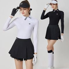 two women in tennis uniforms, one is wearing a visor and the other wears knee high socks