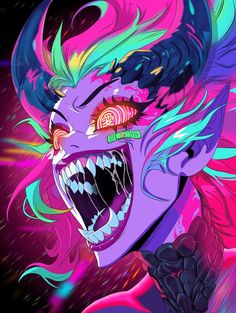 a woman with colorful hair and fangs on her face