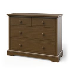 a wooden dresser with three drawers and two pulls on the bottom drawer, against a white background