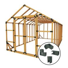 an image of a wooden frame structure with the roof removed and two pieces cut out