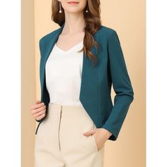 Shell: 95% Polyester, 5% Spandex. Lining: 100% Polyester. It creates a modern sleek look even at the office with this stunning cropped office blazer jacket. This smart collarless blazer features an angled hem that's shorter in the back for a fashionably cool look. An open-front design with hook eye closure for showing your amazing top inside. This piece makes you outstanding whether for a professional or a casual look. Suitable for Office look. Collarless Blazer, Cropped Blazer Jacket, Crop Blazer, Cropped Blazer, Peacock Blue, Work Office, Sleek Look, Chic Woman, Hook Eye