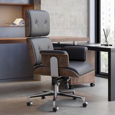 an office chair sitting in front of a desk with a book shelf and window behind it