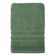 the green towel is folded up on a white background and it looks like they have been washed