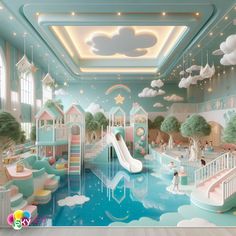 a child's playroom is painted in pastel colors and features a slide