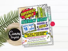 an image of a flyer for a library night with palm leaves on the side and a blackboard underneath it