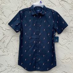 George Short Sleeve Parrot Printed Woven Shirt Size Small (34-36). New With Tag. P15 Blue Slim Fit Summer Tops, Blue Slim Fit Tops For Summer, Red Slim Fit Casual Top, Casual Navy Short Sleeve Shirt For Summer, Casual Navy Summer Shirt, Blue Slim Fit Casual Shirt, Casual Blue Slim Fit Shirt, Navy Casual Shirt For Spring, Casual Navy Shirt For Spring