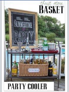 an advertisement for a summer party with coolers and drinks on a table next to a pool