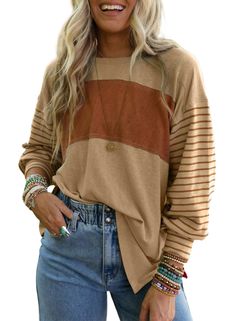 PRICES MAY VARY. 95% Polyester, 5% Elastane Imported Pull On closure Hand Wash Only Bishop Sleeve Blouse, Color Block Top, Sleeves Clothing, Bishop Sleeve, Peach Blossoms, Casual Stripes, Casual Hoodie, Basic Style, Look Chic