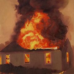 a painting of a house on fire