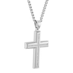 .25ctw white diamond stainless steel cross with chain. Diamond White Stainless Steel Jewelry With Diamond Accents, Diamond White Jewelry With Diamond Accents In Stainless Steel, Stainless Steel Jewelry With Diamond Accents, White Gold Jewelry With Diamond Accents In Stainless Steel, Silver Diamond Cut Cross Necklace With Cubic Zirconia, Silver Cross Necklace With Diamond Cut Cubic Zirconia, Luxury Silver Cross Necklace With Diamond Accents, Elegant Stainless Steel Cross Pendant Necklace, Silver Diamond Cross Necklace With Diamond Accents