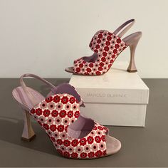 Near New - Cotton And Leather Manolo Blahnik Heel With Red/White/Lavender Floral Pattern. Size 41. Original Packaging. Manolo Blahnik Red, Shoes Manolo Blahnik, Manolo Blahnik Heels, White Lavender, Lavender Floral, Blahnik Shoes, Manolo Blahnik Shoes, Heeled Sandal, Wedge Boots