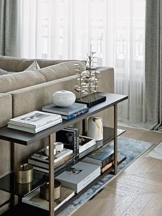 a living room with a couch, coffee table and bookshelf in front of the window