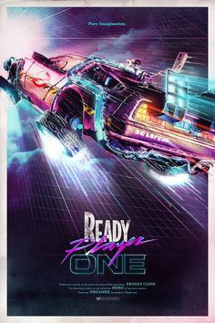 a movie poster for ready player one with an image of a car in the background