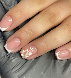 So cute frnech tips all ready for summer!! x French Manicure Nails With Flowers, Square French Tips Short, Biab Nails Inspiration Square, Birthday Nails Short Square, French Tip Nails With Design Square, Simple Square Nail Designs, Simple Christmas Nails Square, Classy Gel Nails, Hawaiian Nails