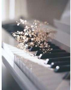 a bouquet of flowers sitting on top of a white piano keyboard with black and white keys