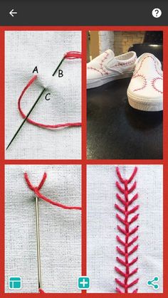 the instructions for how to make a baseball stitched shoelace with red thread and white canvas shoes