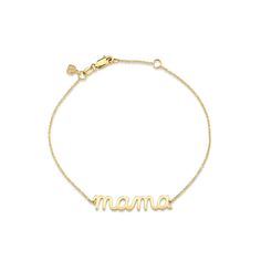 14k gold small Mama bracelet from our Pure Collection spelled out in our signature script. 14k gold cable chain measures approximately 7". Luxe Necklace, Mama Bracelet, Mom Bracelet, Moms Bracelet, Letter Bracelet, Sterling Silver Charm Bracelet, Letter Charm, Silver Chain Bracelet, Silver Charm Bracelet