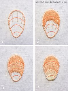 four pictures showing how to sew an ornament in the shape of a heart