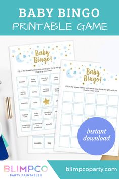 printable baby shower game with gold stars and moon on the top, in blue