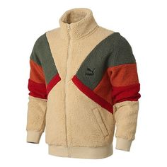 PUMA Retro Block Sherpa Jacket 'Brown Red Green' 530808-12 Winter Track Jacket In Fleece For Cold Weather, Winter Fleece Track Jacket For Cold Weather, Winter Beige Track Jacket For Streetwear, Beige Winter Track Jacket For Streetwear, Beige Track Jacket For Winter Streetwear, Winter Track Jacket With Fleece Lining, Winter Track Jacket With Fleece Lining And Long Sleeves, Red Fleece-lined Outerwear For Outdoor, Beige Fleece Jacket For Winter