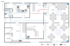 the floor plan for an office with two rooms and one room on each side,